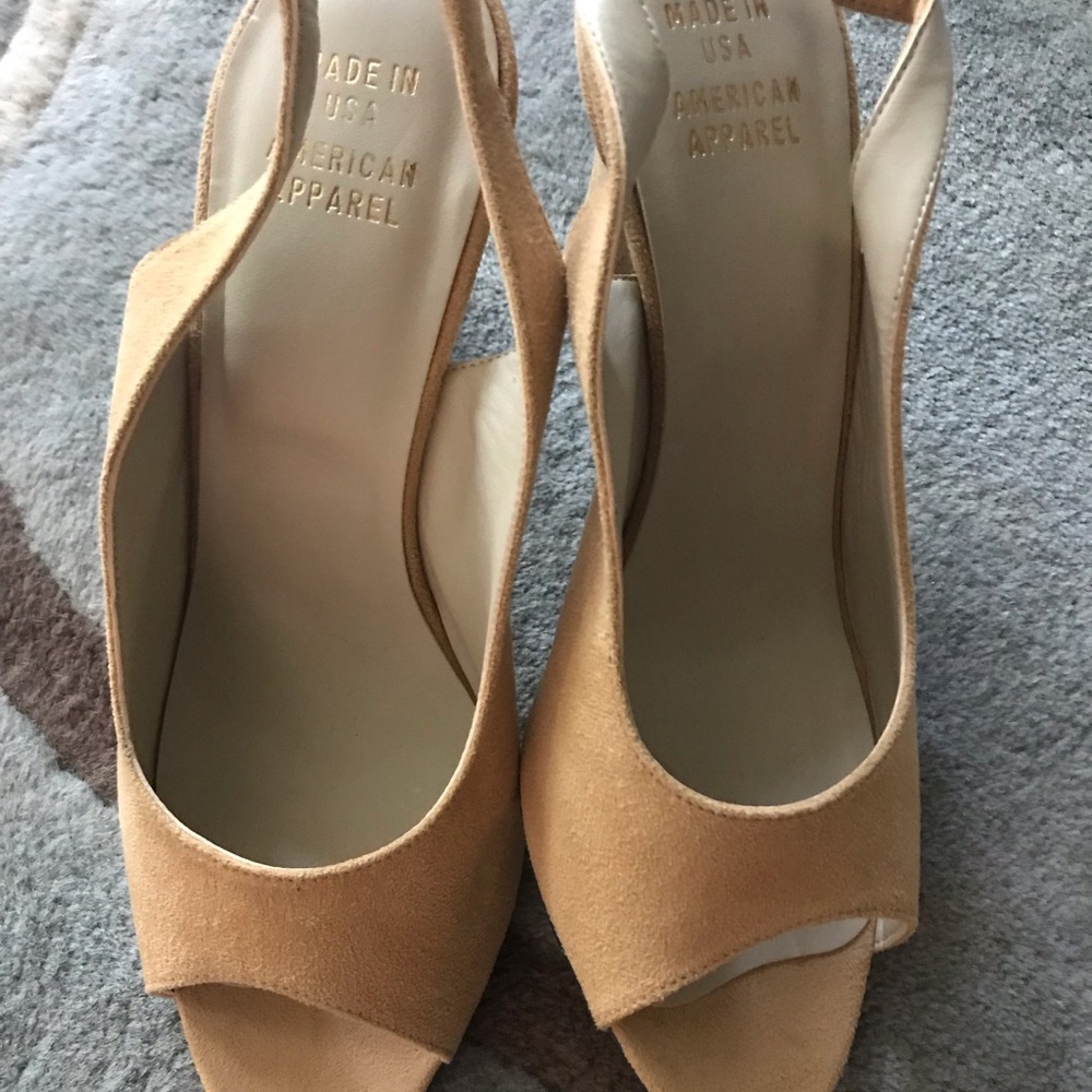 Never worn, peep toe sling back heels, suede